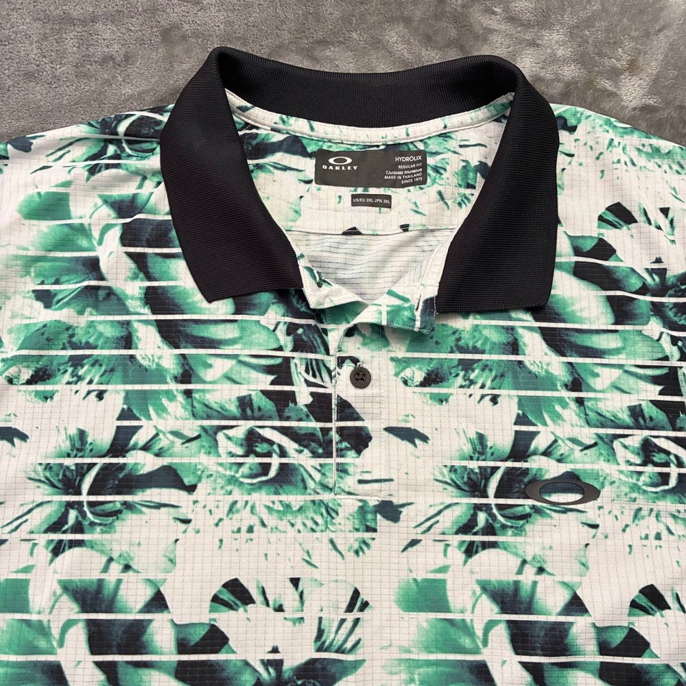 Oakley HydroLix Mens Golf Polo Shirt 2XL Green White Floral Print Outdoor Preppy
